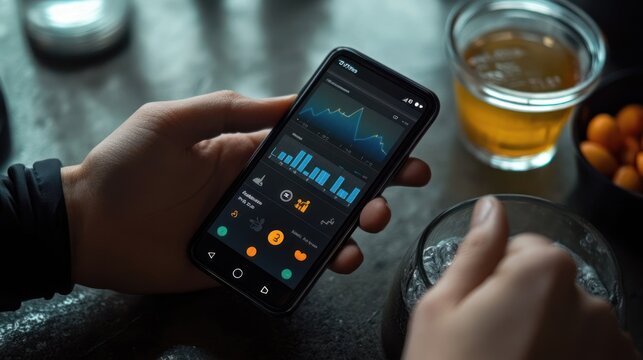Health monitoring app on smartphone next to drink.