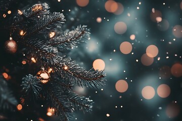 Fototapeta premium christmas tree on blurred christmas background, festive greeting card