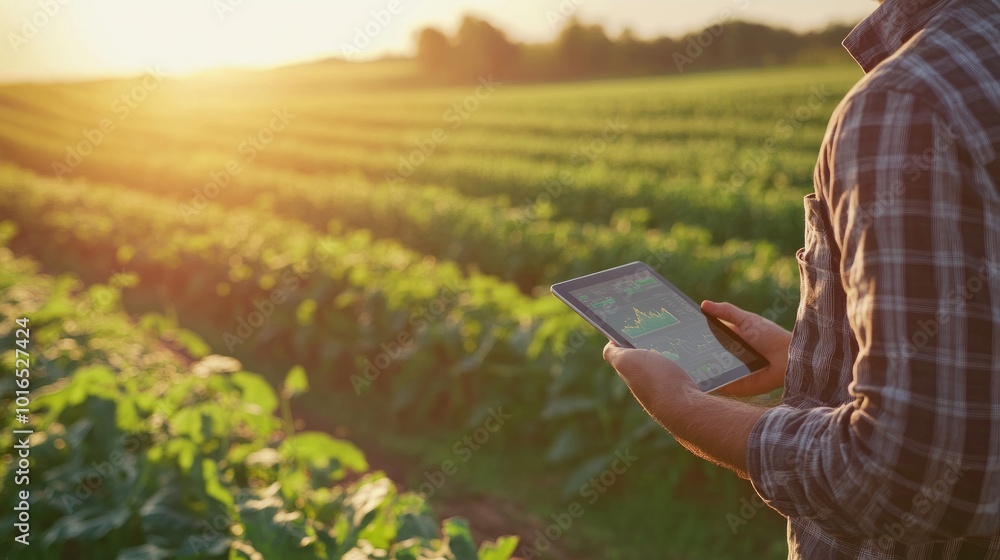 Poster a farmer holding a tablet with real-time data from a drone, with a field of crops in the background.