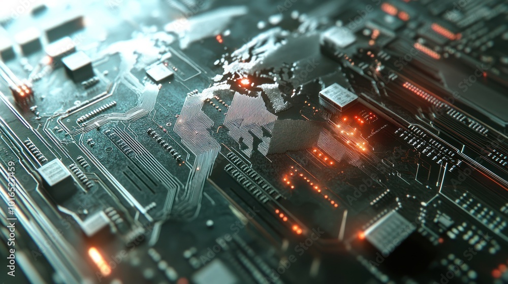Poster a close-up view of a circuit board with glowing elements, showcasing technology and design.