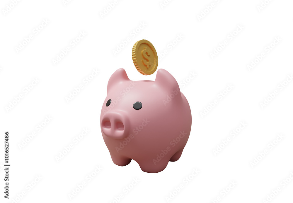 Poster 3d rendered illustration of money saving concept with a piggy bank and coins falling into it. it com