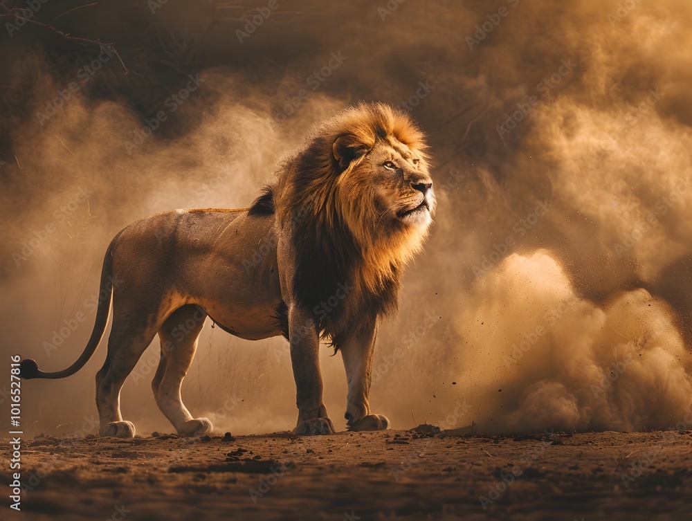 Sticker Majestic Lion Stands Amidst Swirling Dust on Parched Savanna Landscape