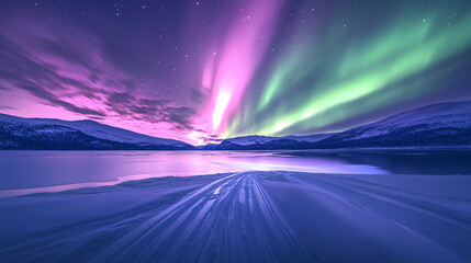 Beautiful northern lights over a snowy road in winter