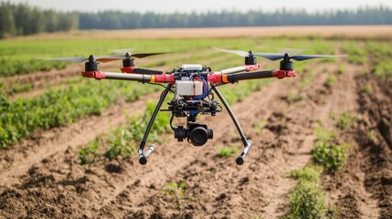 Drone capturing infrared images of soil for moisture levels, transmitting data for irrigation management.