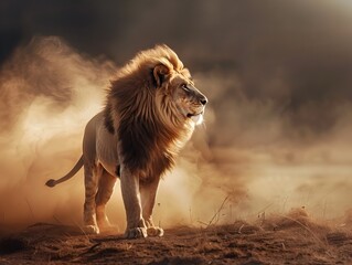 Naklejka premium Majestic Lion Stands Tall in Dusty Savanna Mane Blowing in the Hot Wind