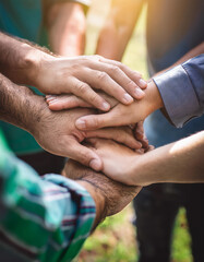 World environment day with global community teamwork,Group of volunteer join hand together concept, Volunteer charity work. People joining for cooperation success.sustainable development goal