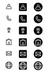 Contact information icon for business card. Containing name, address, map pin, globe, e-mail, location, website, fax, phone call at symbol. Silhouette and outline circle style. Vector illustration.
