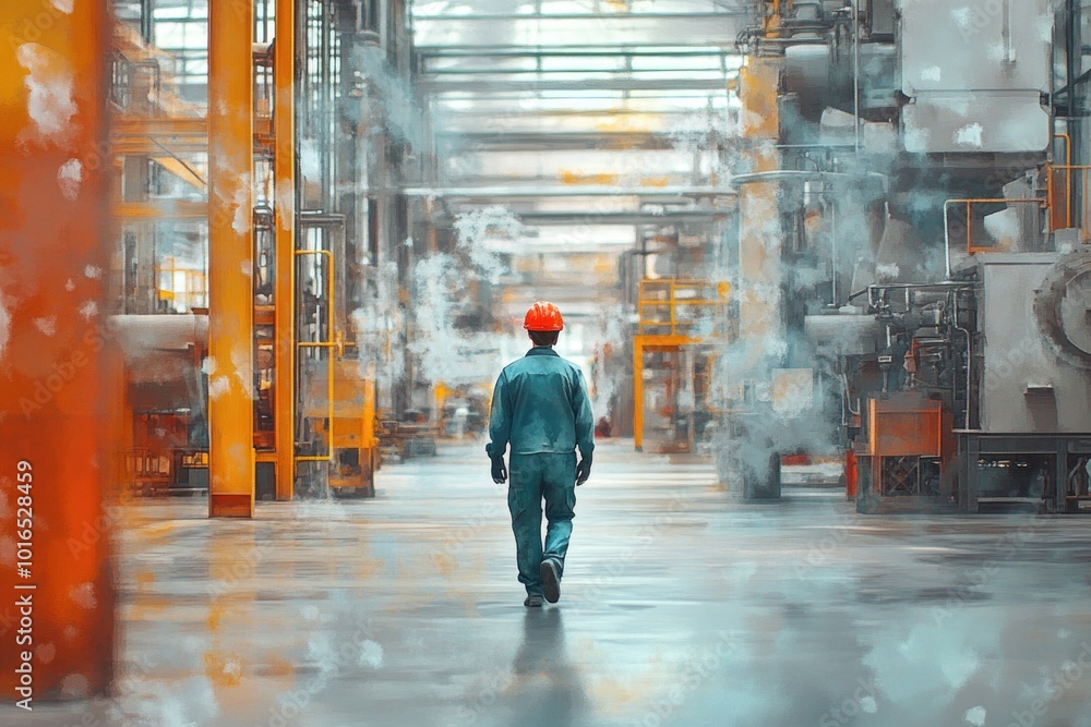 Sticker A worker wearing a hard hat walks through a manufacturing facility, surrounded by machinery and equipment.