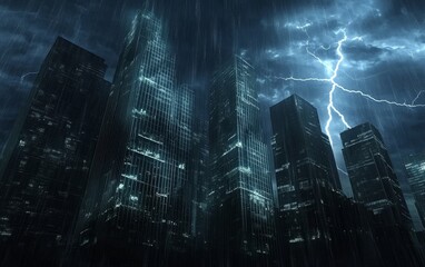 Obraz premium A dramatic cityscape under a stormy sky, featuring towering skyscrapers illuminated by lightning amidst heavy rain.