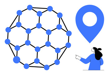 Blue network structure with interconnected nodes, blue location marker, and person in blue pointing. Ideal for technology, communication, navigation, data analysis, digital themes. Simple modern