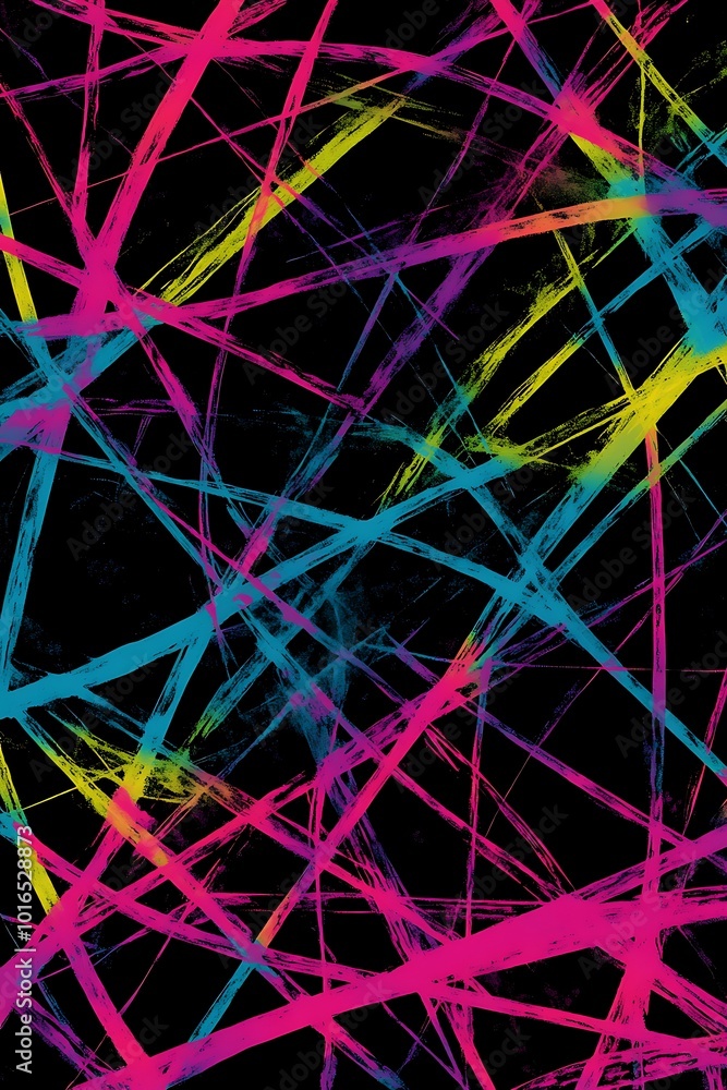 Poster energetic neon diagonal lines: abstract design elements intersecting on a rich black background, evo