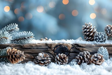 Winter Holiday Scene with Snow-Covered Pine Cones and Wood for Seasonal Greeting Cards