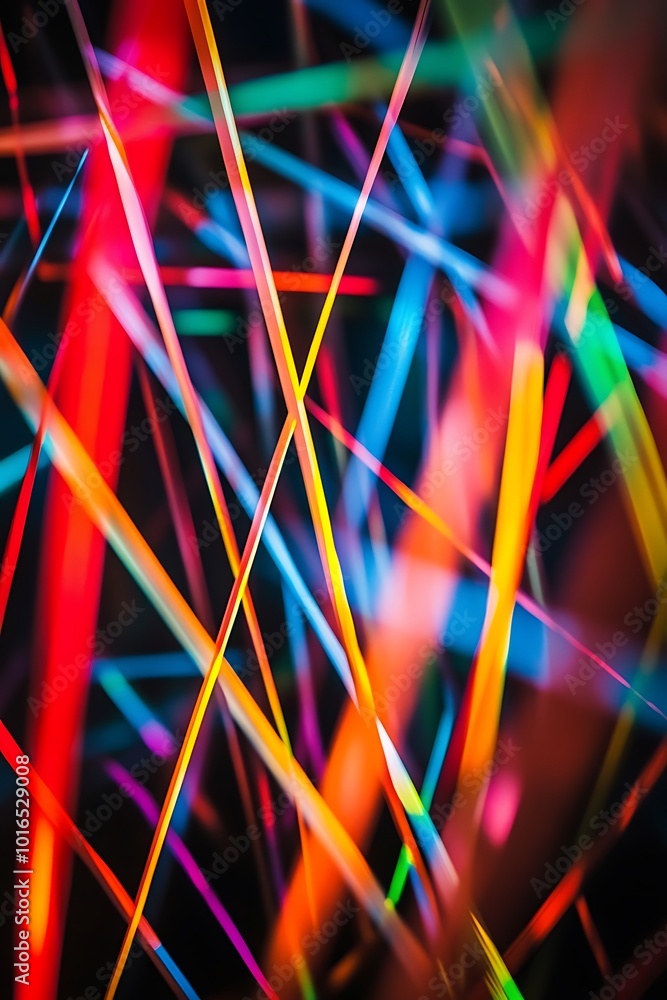 Poster energetic neon diagonal lines: abstract design elements intersecting on a rich black background, evo
