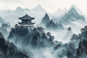 Obraz premium A majestic mountain with a traditional Asian-style pagoda situated in the middle, surrounded by lush greenery.