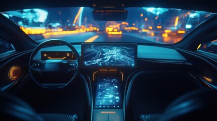 Futuristic car interior with glowing dashboards