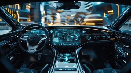 Futuristic car dashboard with holographic display lights