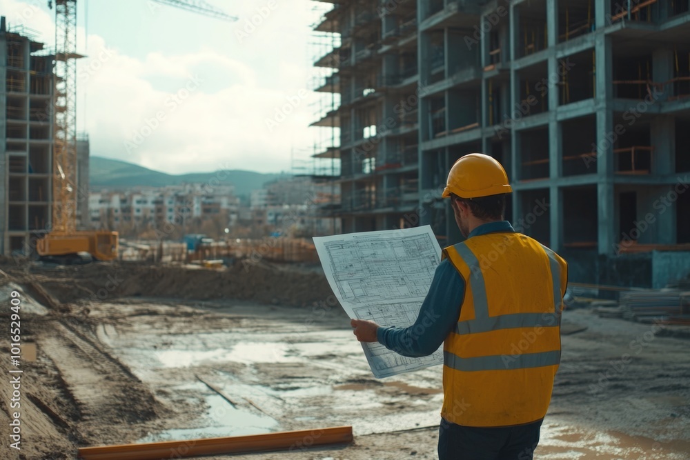 Poster a construction worker holds a blueprint in front of an under-construction building, perfect for arch