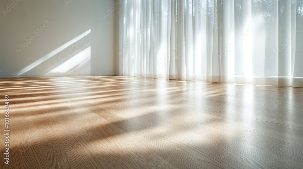 Poster the modern interior showcases sunlight filtering through sheer curtains, casting captivating shadows