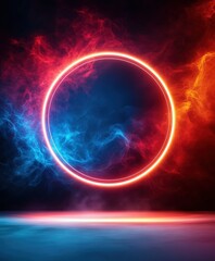 Fototapeta premium Glowing Neon Ring with Red and Blue Smoke Background.