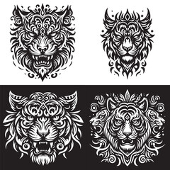Tribal vector collection of tiger heads in black and white