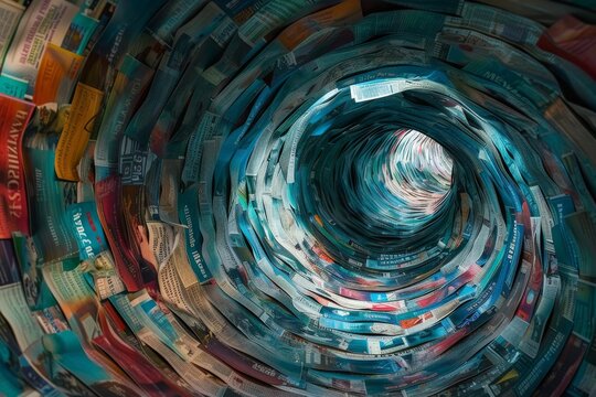 Tunnel made of twisted newspapers headlines creating swirling effect of information media noise and variety of different information, information filtering concept