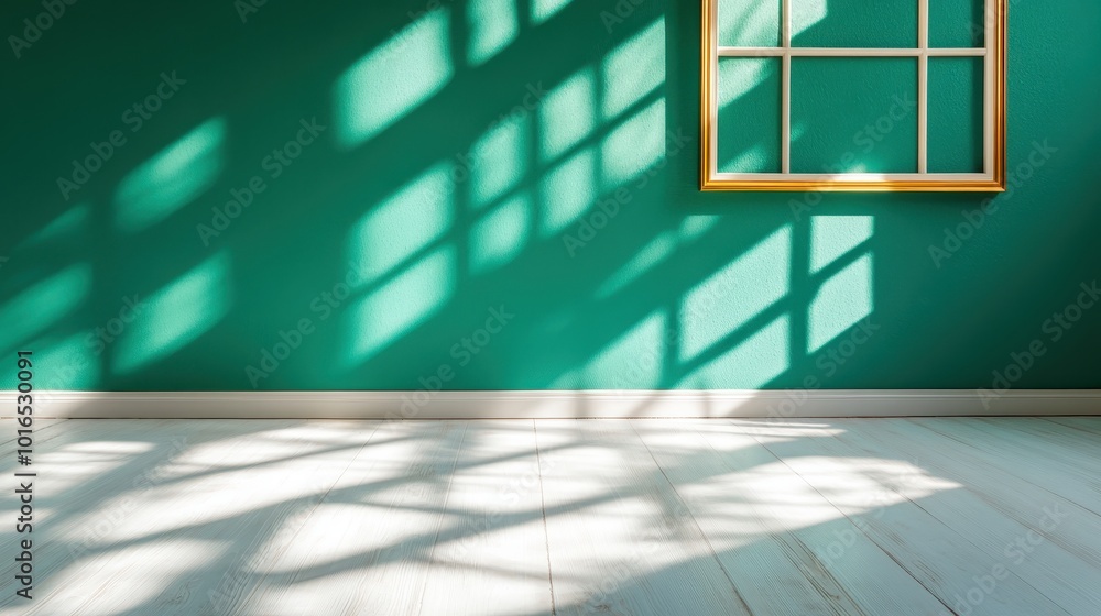 Poster an empty room painted in refreshing green tones with a window that casts striking patterned shadows 