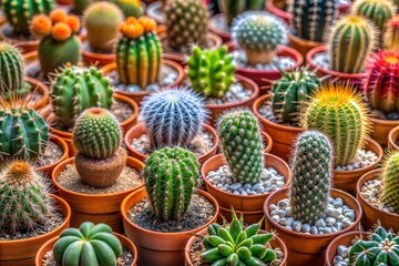 Blooming cacti in terracotta pots close-up