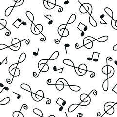 Seamless music pattern. Musical notes and treble clefs in flat style.  Drawing a sketch by hand.Clef signs and musical notes on a white backdrop for use in graphic and fabric design.