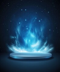 Futuristic Blue Nebula Background with Empty Platform