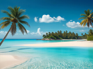 tropical island with palm trees, crystal clear turquoise water, white sandy beach