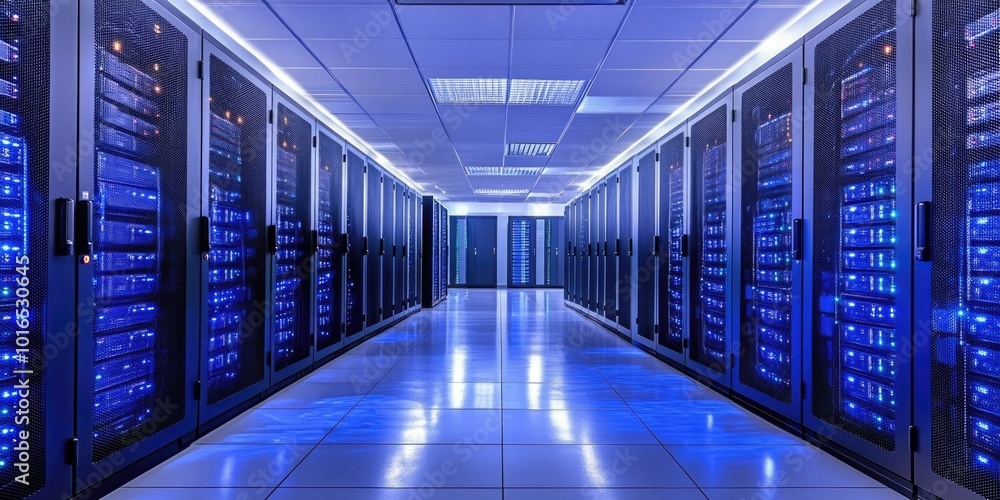 Aufkleber row of servers in a modern server room setting.