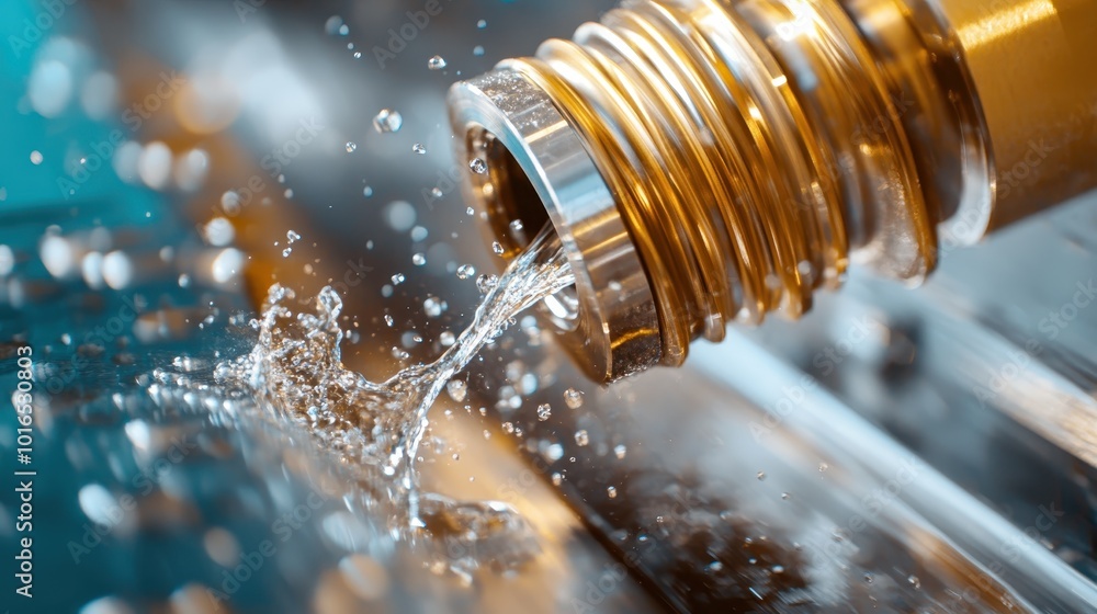 Poster a dynamic close-up showing a translucent liquid gracefully pouring from the end of a metallic pipe o