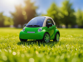 Small Electric Car on Bright Green Lawn.