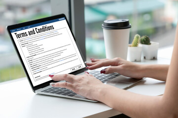 Digital legal contract provide terms and conditions document on computer screen ready for online digital signature for deal agreement of future business snugly