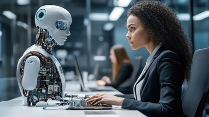 Woman and robot face off in futuristic office space