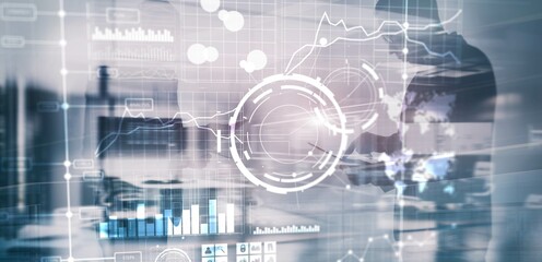 Business intelligence control interface marketing finance management. Silhouettes in the background
