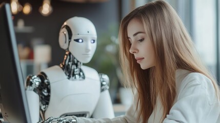 Woman and robot collaborating on a computer task