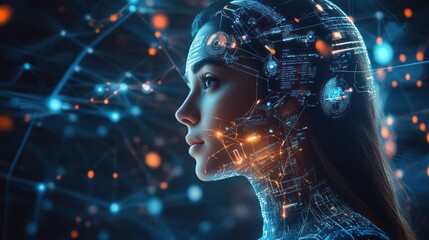 Futuristic AI woman with digital network overlay