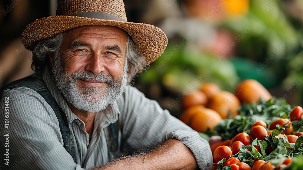 Poster happy senior farmer sitting at table and looking at harvest outdoors in garden.create by F.a