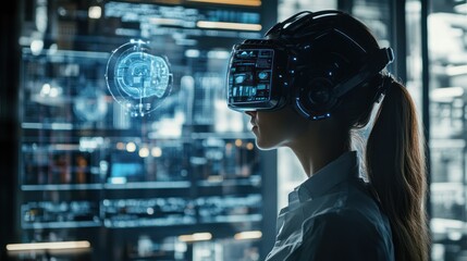 Woman wearing virtual reality headset with technology