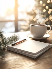 Cozy Festive Desk with Cup of Coffee and Christmas Stationery by Window