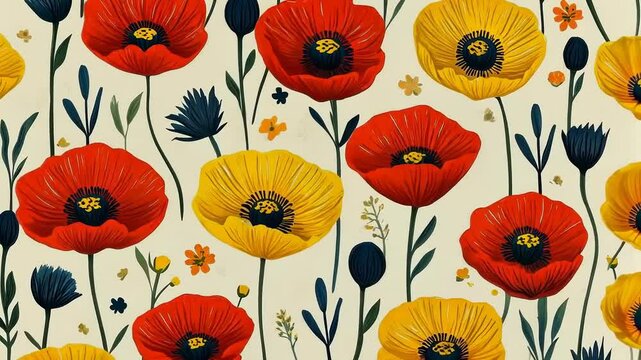 Vibrant floral pattern with red yellow poppies