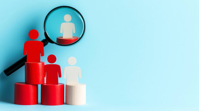 HRM or Human Resource Management, Magnifier glass focus to manager icon which is among staff icons for human development recruitment leadership and customer target