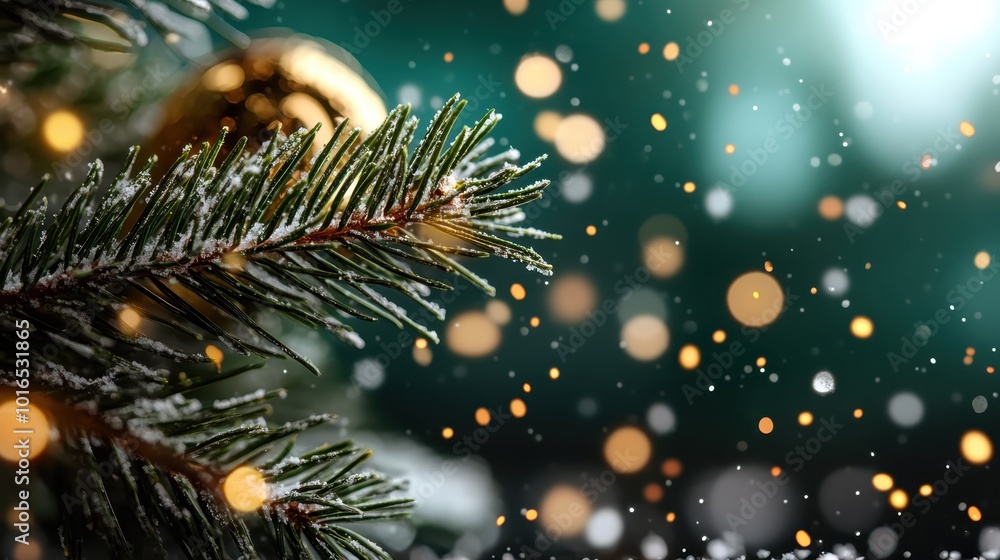 Poster a captivating scene of a snow-dusted pine branch adorned with glistening lights creating a bokeh eff