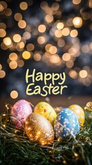 Painted Easter eggs sit in a nest, surrounded by warm lights for the spring holiday