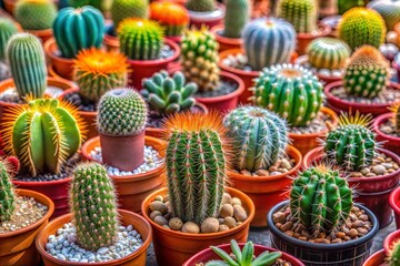 Assorted cacti and succulents in terracotta pots close-up