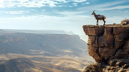 Mountain Goat Atop Rocky Plateau Surveying Arid Wilderness Landscape
