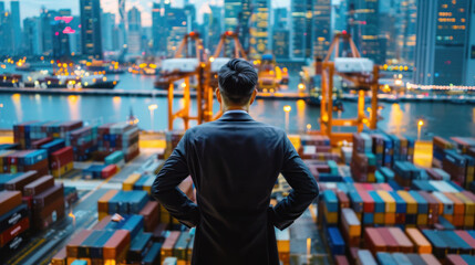 A prestigious international business leader in a modern office overlooking a bustling international trade hub, representing strategic thinking and leadership