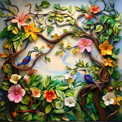 3D, floral background with flowers and birds