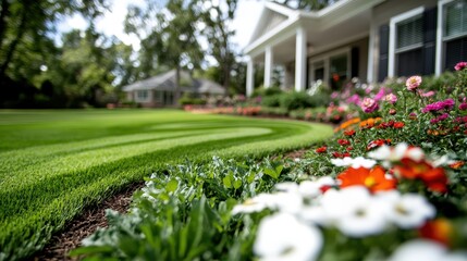 This lush green lawn, accentuated by vibrant floral borders, beautifully combines elements of nature and human creativity, creating a serene and inviting garden landscape.